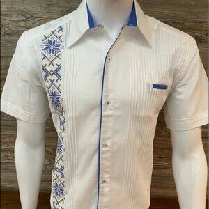 Mens Mexican Guayabera Shirt White Linen Short Sleeve Blue Embroidery Elegant